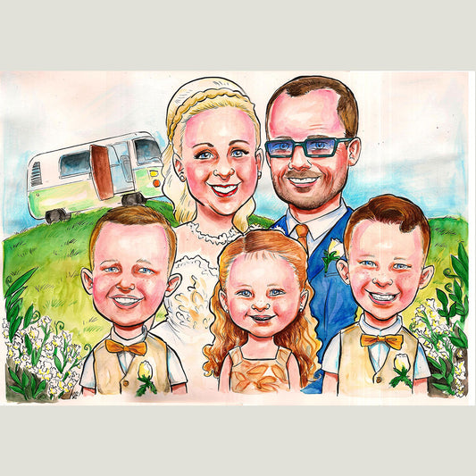 A3 hand painted wedding caricature 5 people