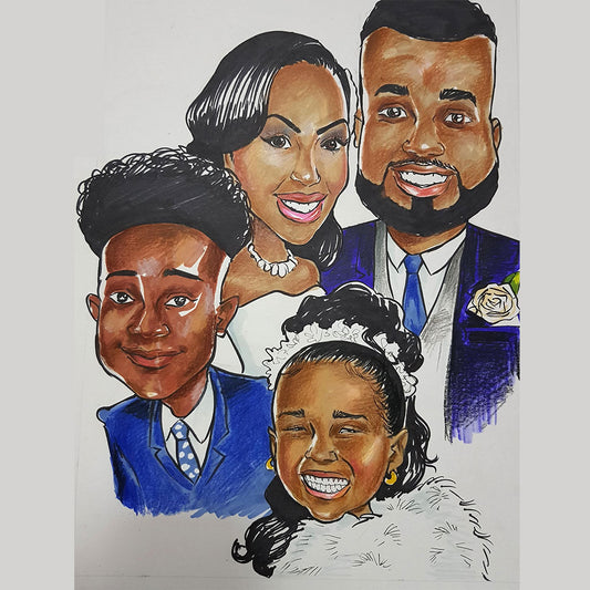 A4 hand painted wedding caricature 4 people